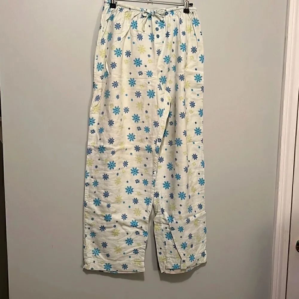 Women'sโBlueโandโGreenโSnowflakeโFlannelโDrawstringโCottonโPajamas